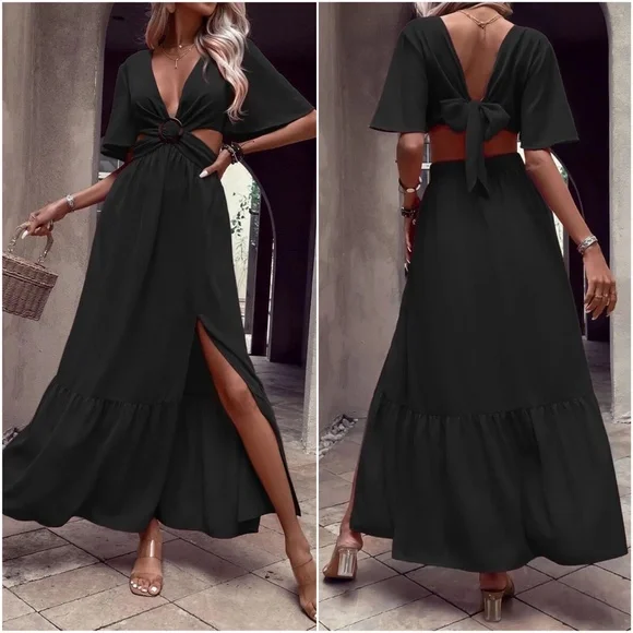 Plunging Neck cut out butterfly Sleeve Maxi Dress - Picture 2 of 9